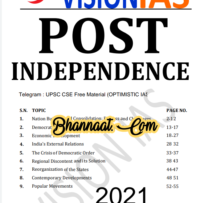 Vision IAS Post Independent 2021 pdf vision IAS Post Independent upsc notes download pdf Vision ias post independent upsc cse free material optimistic ias pdf