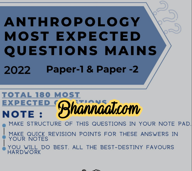 Vishnu IAS Anthropology most expected questions Mains 2022 paper – 1 & paper – 2 pdf UPSC Anthropology previous year question papers topic wise pdf Vishnu ias anthropology for ias examination pdf 